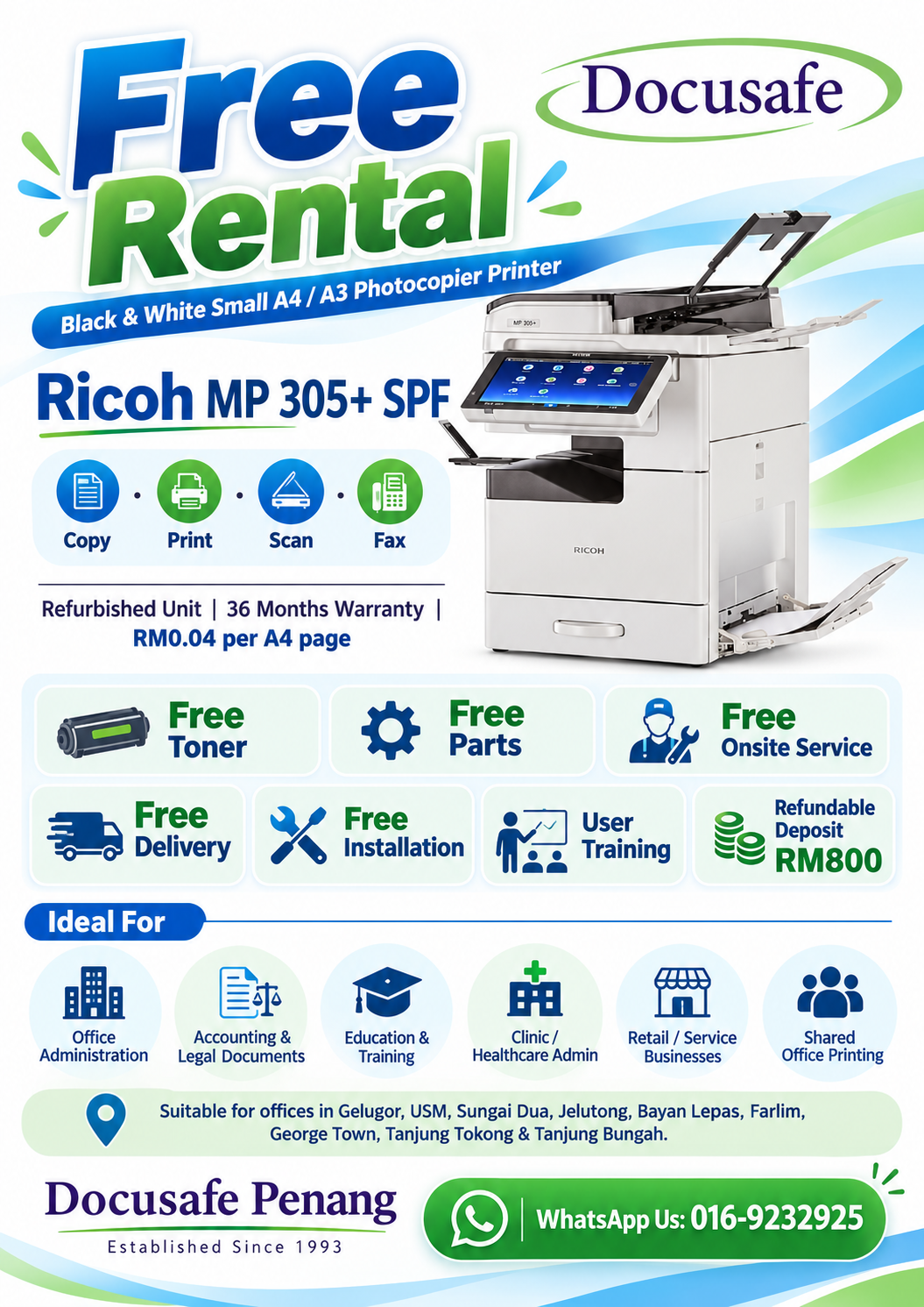 Free Rental Black and White A3 A4 photocopy machine Ricoh MP 305+ SPF Photocopier Printer in Penang by Docusafe