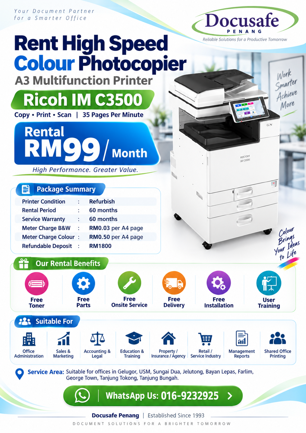 Docusafe Penang Ricoh IM C3500 A3 colour photocopier rental RM99 per month with 35 ppm speed, free toner, parts, onsite service, delivery, installation and user training