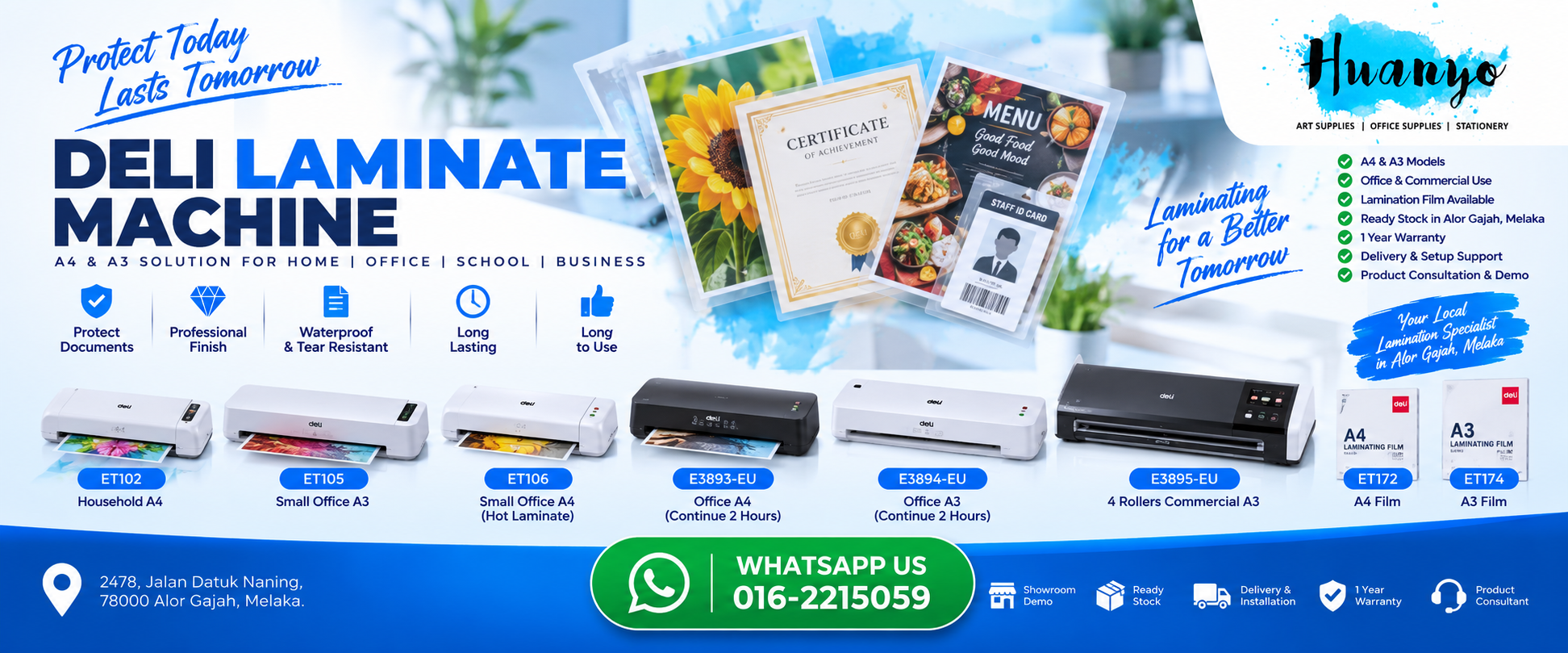 Deli 4 rollers commercial A3 laminating machine on display at HuanYo Marketing showroom in Alor Gajah Melaka