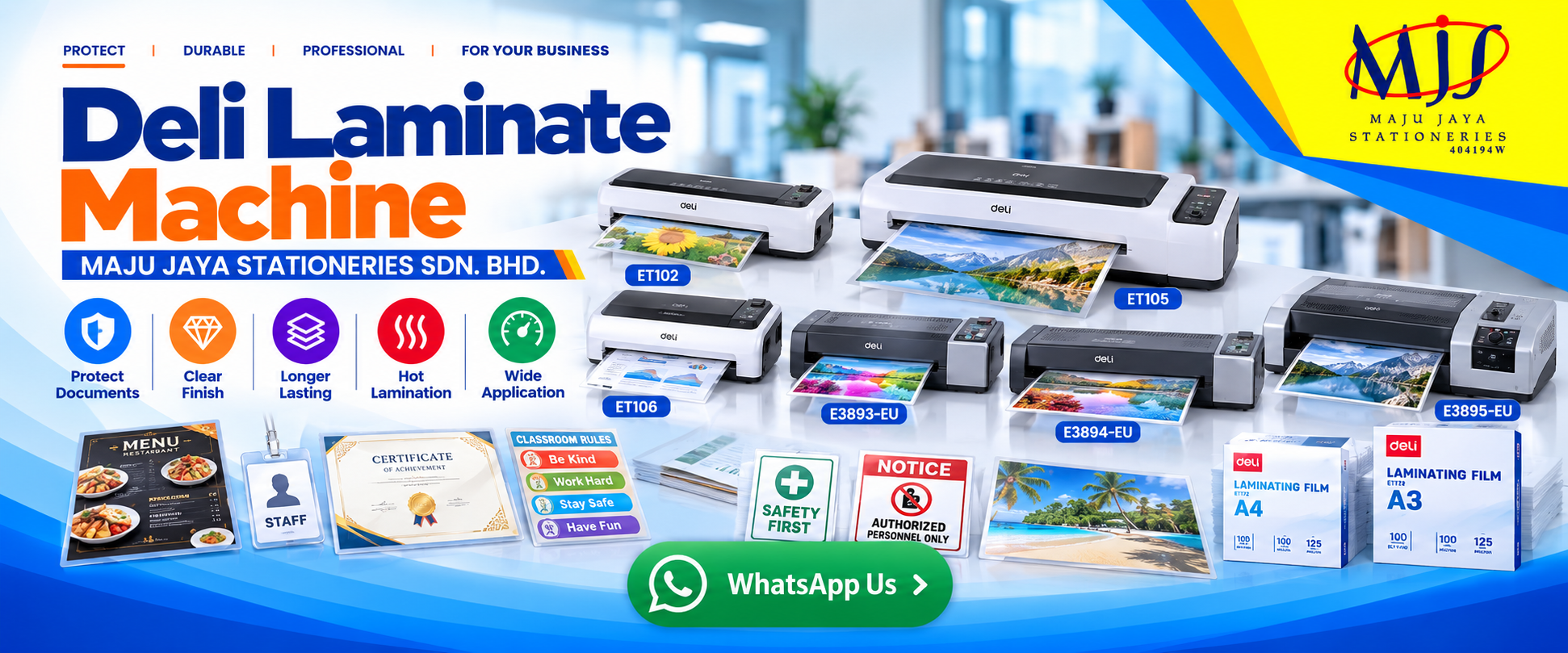 Deli A4 and A3 laminating machines and pouches on display at Maju Jaya Stationeries showroom in Sri Dagangan Business Centre Kuantan