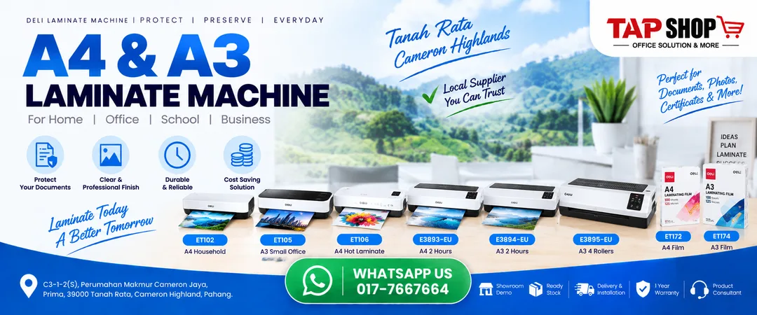 Deli A4 and A3 laminating machines and pouch films on display at TAP SHOP showroom in Tanah Rata Cameron Highlands