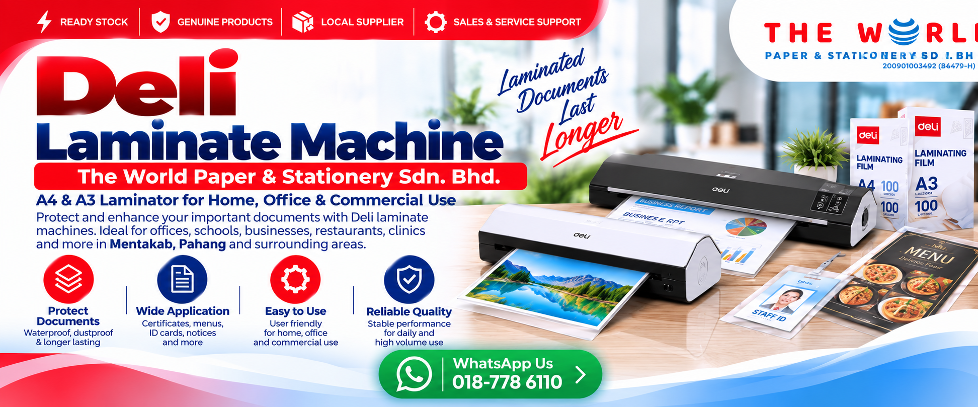 Deli heavy duty A4 and A3 laminating machine with thermal pouches at The World Paper and Stationery showroom in Mentakab Pahang