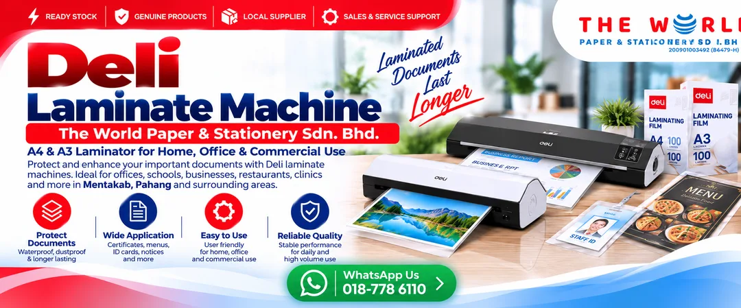 Deli heavy duty A4 and A3 laminating machine with thermal pouches at The World Paper and Stationery showroom in Mentakab Pahang