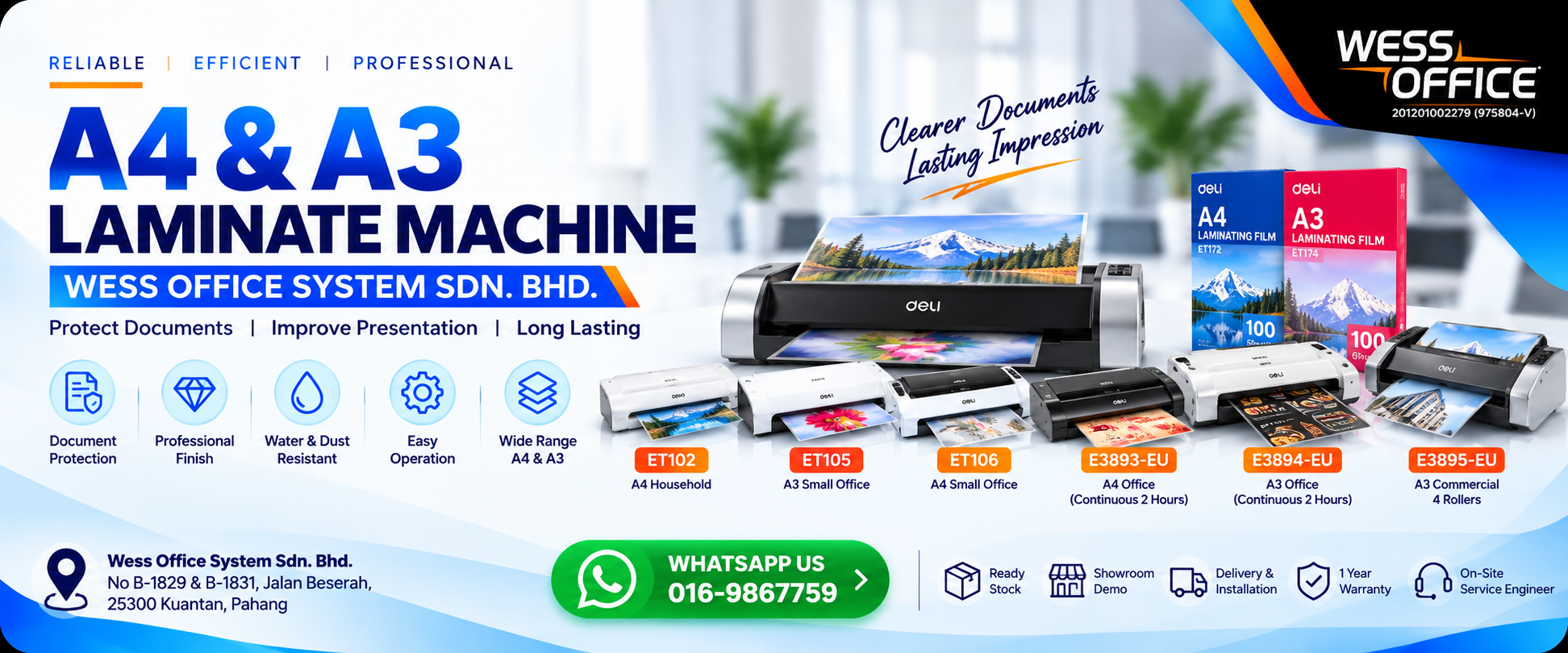 Deli heavy duty 4 roller A3 thermal laminating machine with hot and cold settings on display at Wess Office System showroom in Jalan Beserah Kuantan