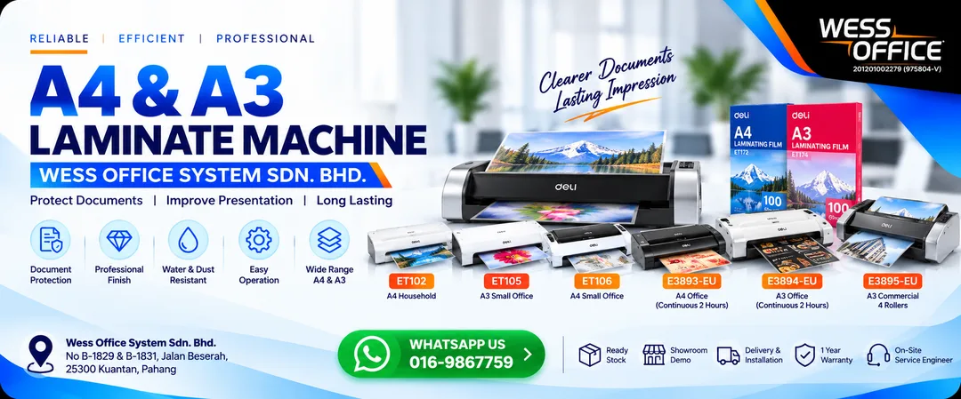 Deli heavy duty 4 roller A3 thermal laminating machine with hot and cold settings on display at Wess Office System showroom in Jalan Beserah Kuantan