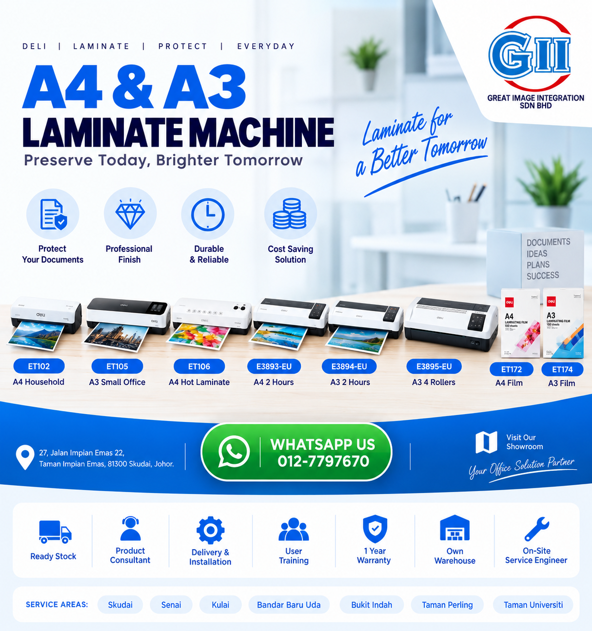 Deli 4 roller commercial A3 laminating machine with hot and cold lamination supplied by Great Image Integration in Taman Impian Emas Skudai