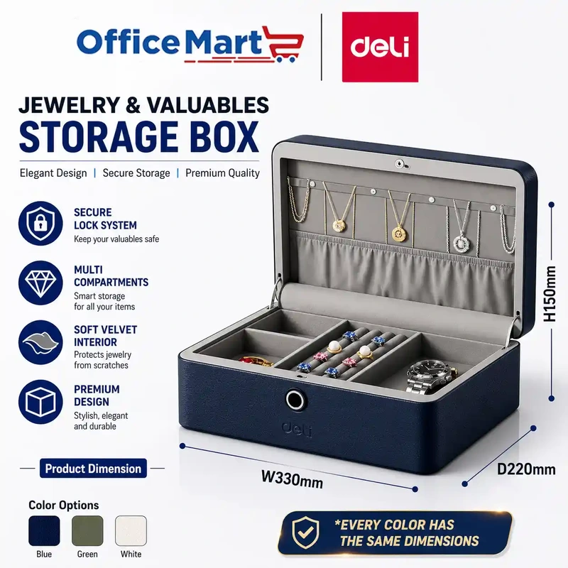 Deli AE205 blue jewellery safe with fingerprint lock and soft interior storage compartments