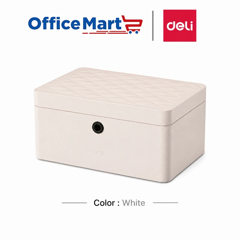 Deli AE205 white jewellery safe with premium PU leather finish and fingerprint security