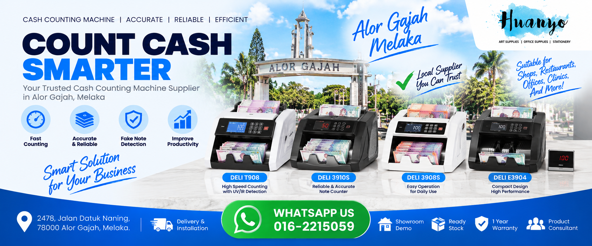 Commercial cash money counting machine with UV MG counterfeit note detection on display at HuanYo Marketing showroom in Alor Gajah Melaka