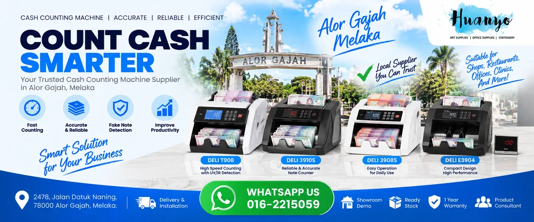 Commercial cash money counting machine with UV MG counterfeit note detection on display at HuanYo Marketing showroom in Alor Gajah Melaka