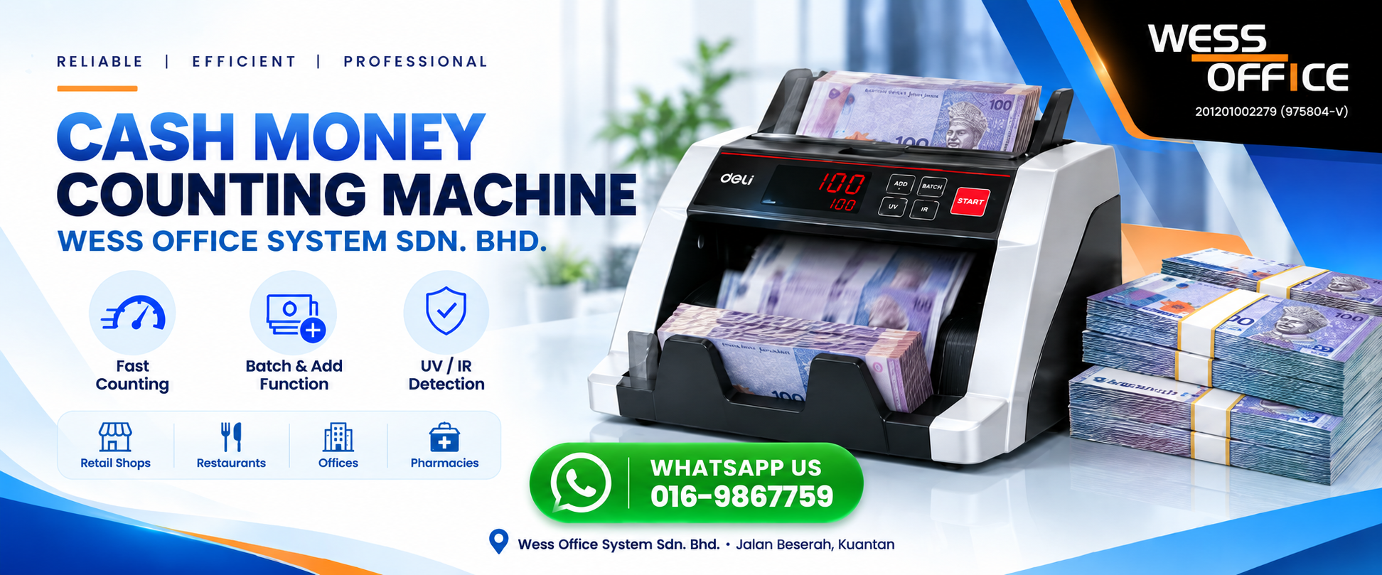 Heavy duty electronic cash money counting machine with UV MG counterfeit note detection on display at Wess Office System showroom in Jalan Beserah Kuantan