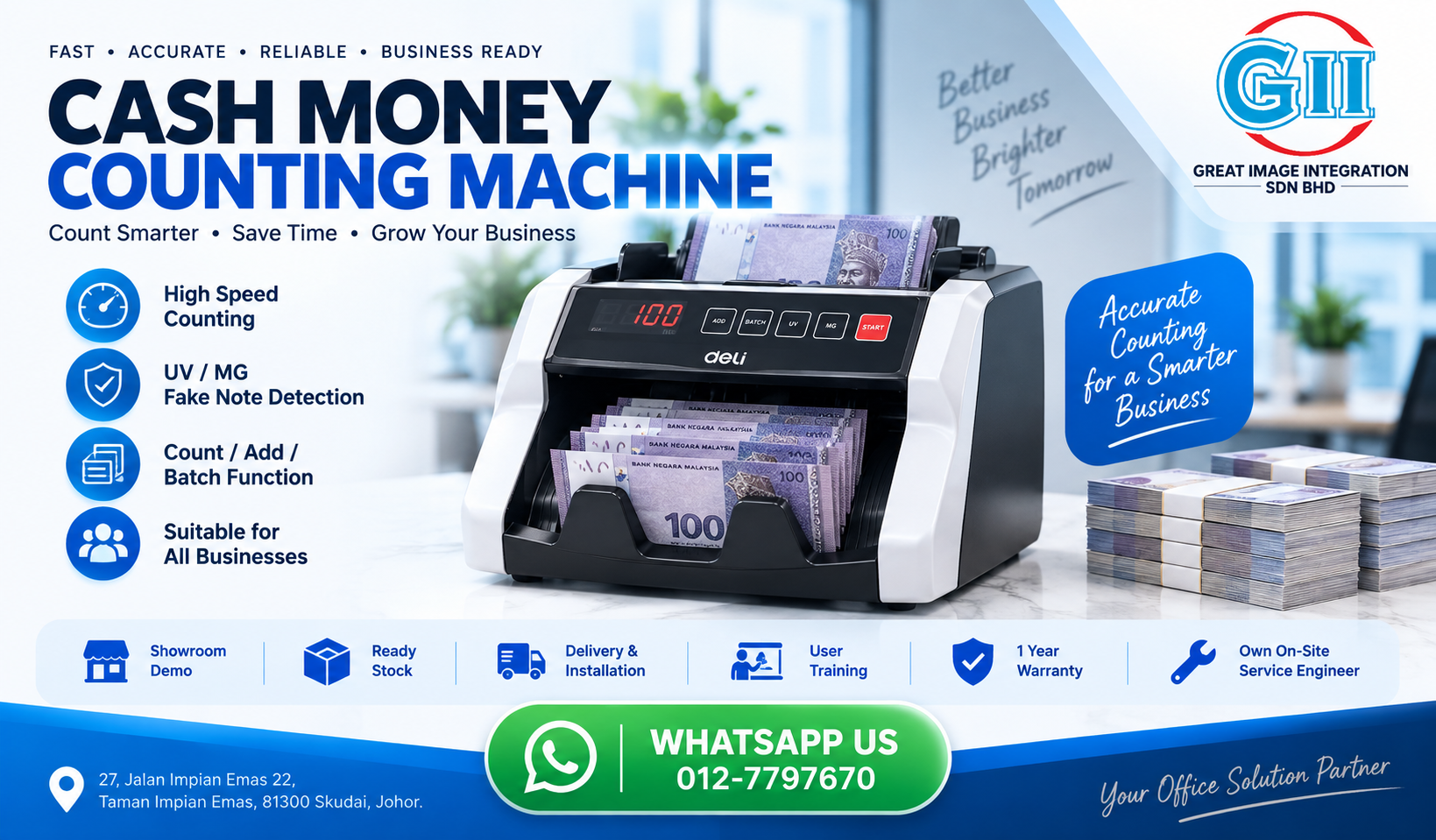 Banknote cash money counting machine with counterfeit UV MG IR detection supplied by Great Image Integration in Taman Impian Emas Skudai