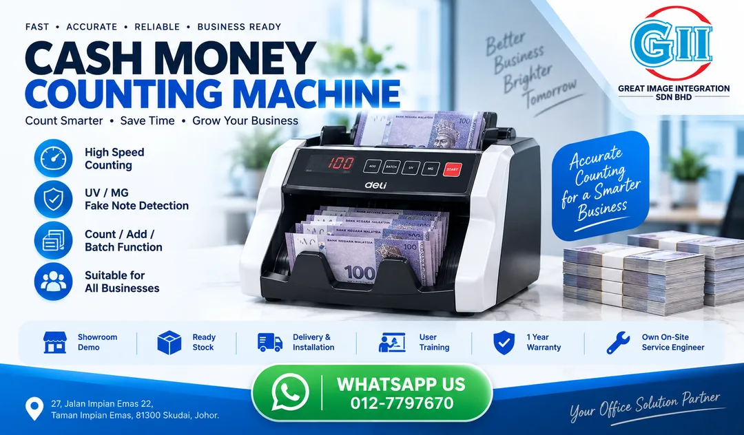 Banknote cash money counting machine with counterfeit UV MG IR detection supplied by Great Image Integration in Taman Impian Emas Skudai