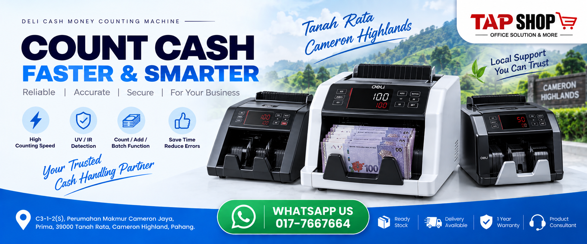 Heavy duty cash money counting machine with UV MG counterfeit detection supplied by TAP SHOP in Tanah Rata Cameron Highlands
