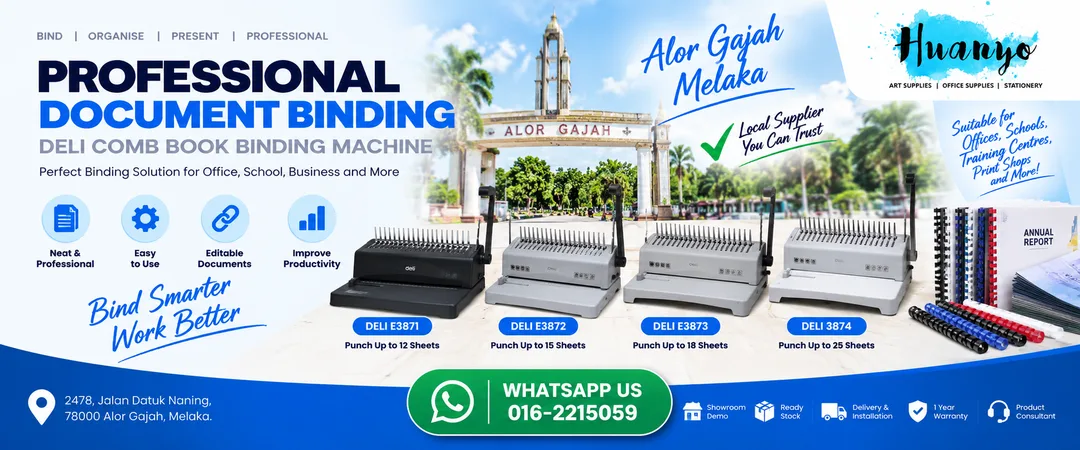 Heavy duty plastic comb book binding machine with paper margin adjuster on display at HuanYo Marketing showroom in Alor Gajah Melaka
