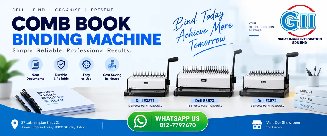 Commercial heavy duty comb book binding machine with high margin control supplied by Great Image Integration in Taman Impian Emas Skudai