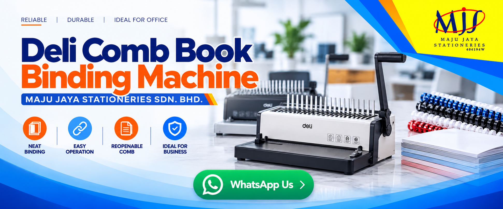 Heavy-duty manual and electric plastic comb book binding machine on display at Maju Jaya Stationeries showroom in Sri Dagangan Business Centre Kuantan