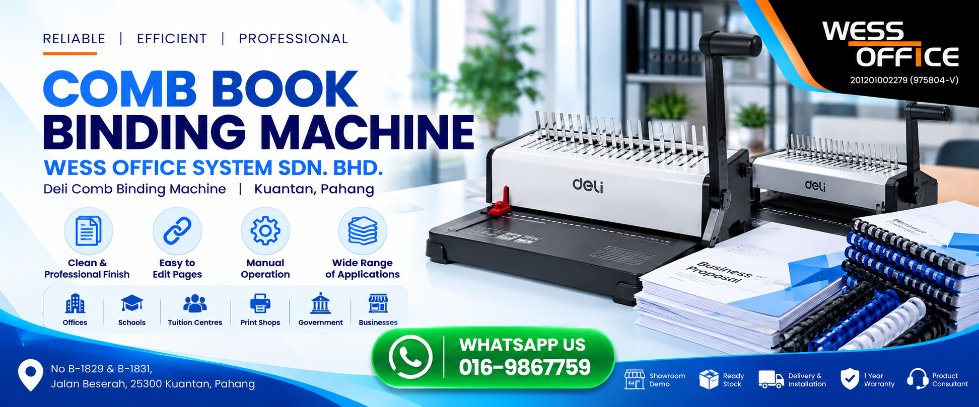 Heavy duty plastic comb book binding machine with paper margin depth adjuster on display at Wess Office System showroom in Jalan Beserah Kuantan