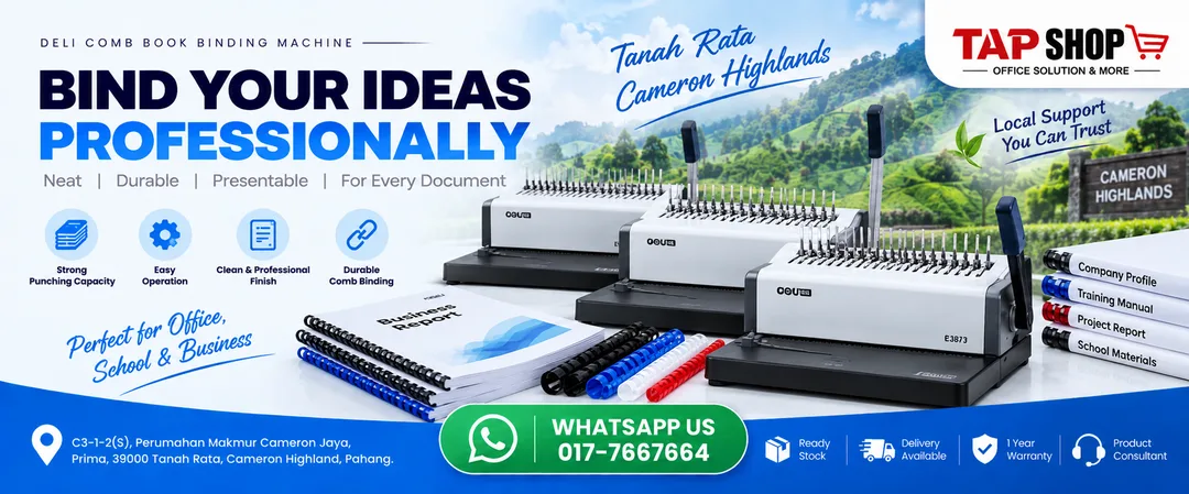 Heavy duty manual and electric comb book binding machine displayed at TAP SHOP showroom in Tanah Rata Cameron Highlands