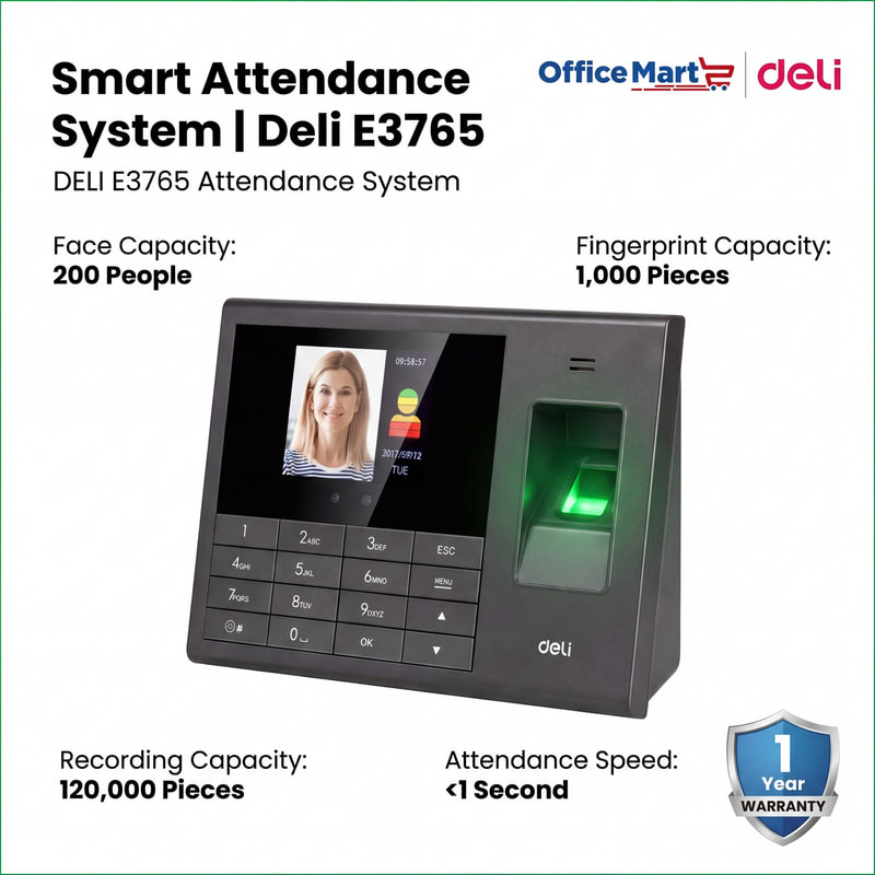 Deli E3765 smart attendance system with face recognition and fingerprint scanner featuring 200 face capacity 1000 fingerprint capacity and 120000 attendance records