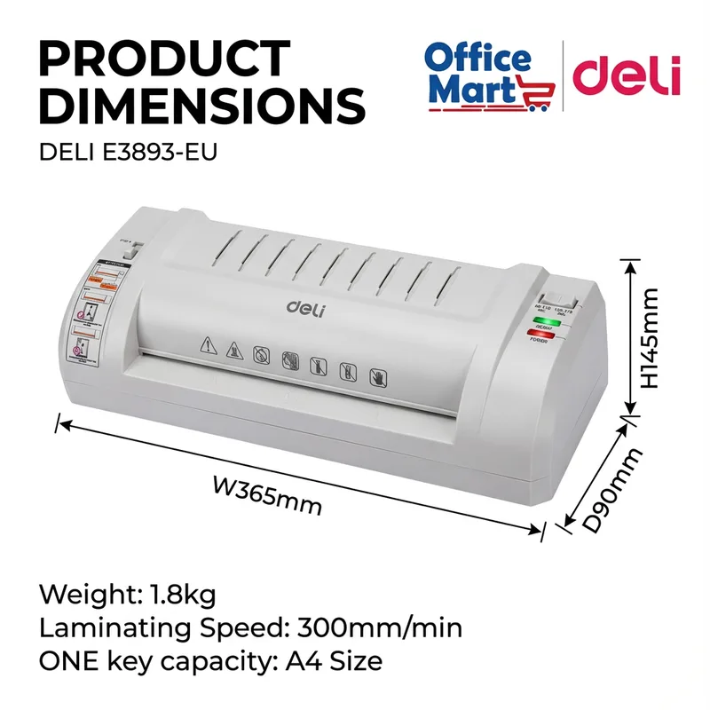 Deli E3893-EU A4 laminator dimensions 365 x 145 x 90 mm, 1.8kg weight and 300mm per minute laminating speed
