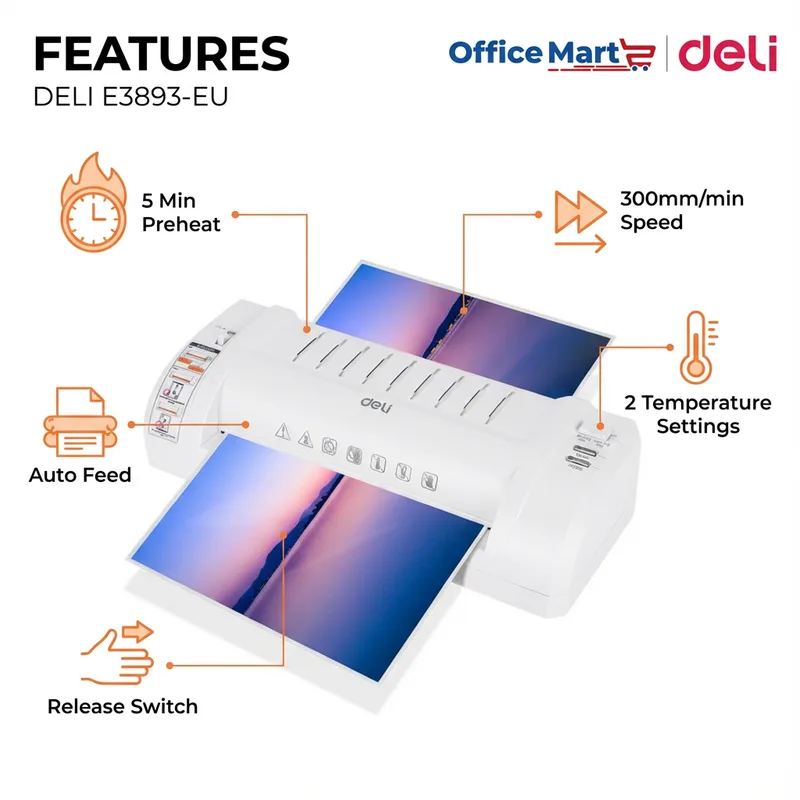 Deli E3893-EU A4 laminator features 5-minute preheat, 300mm per minute laminating speed, auto feed, release switch and dual temperature settings