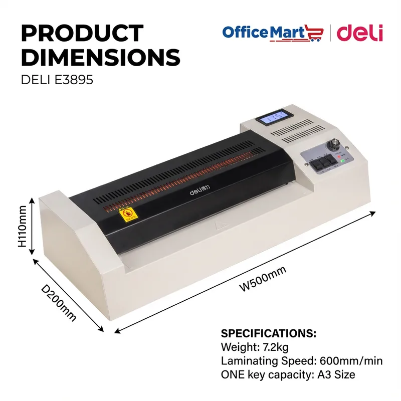 Deli E3895 laminator dimensions 500mm width 200mm depth 110mm height A3 laminating machine