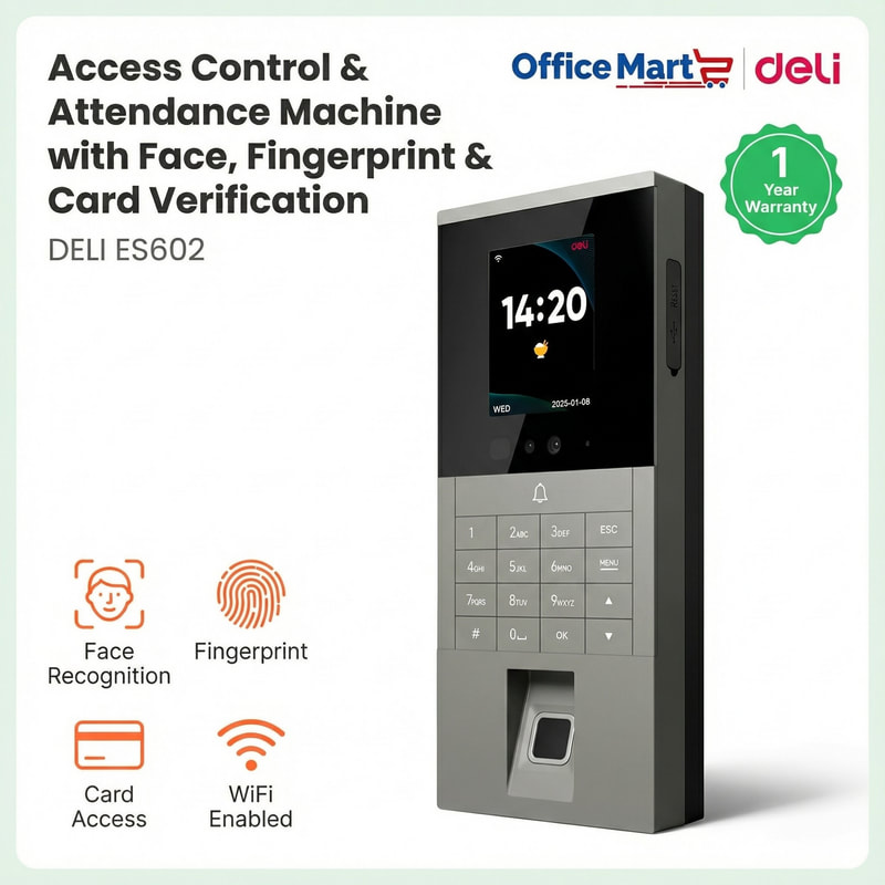 Deli ES602 Face Recognition Fingerprint and Card Access Control Attendance Machine with WiFi Connectivity by Office Mart Malaysia