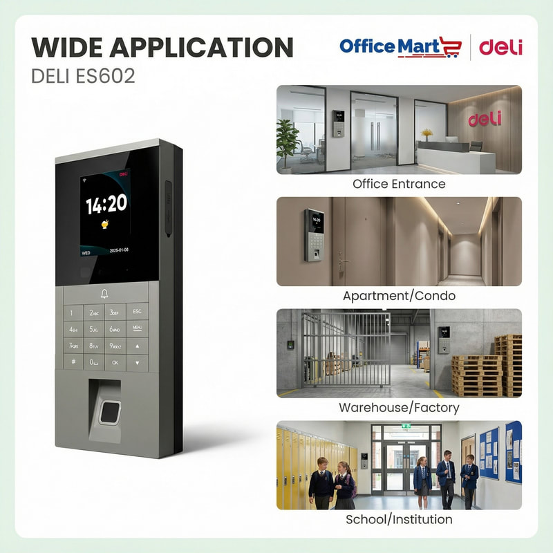 Deli ES602 Face Recognition Attendance and Access Control Machine for Office Entrance Apartment Condo Warehouse Factory and School Applications by Office Mart Malaysia