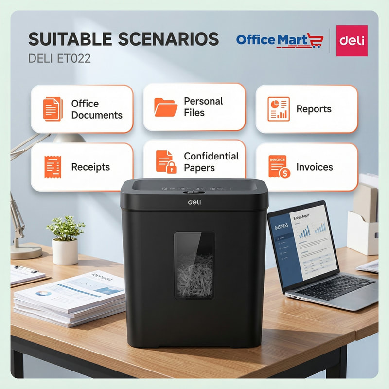 Deli ET022 paper shredder suitable for office documents, confidential papers, invoices, receipts and reports in Malaysia office