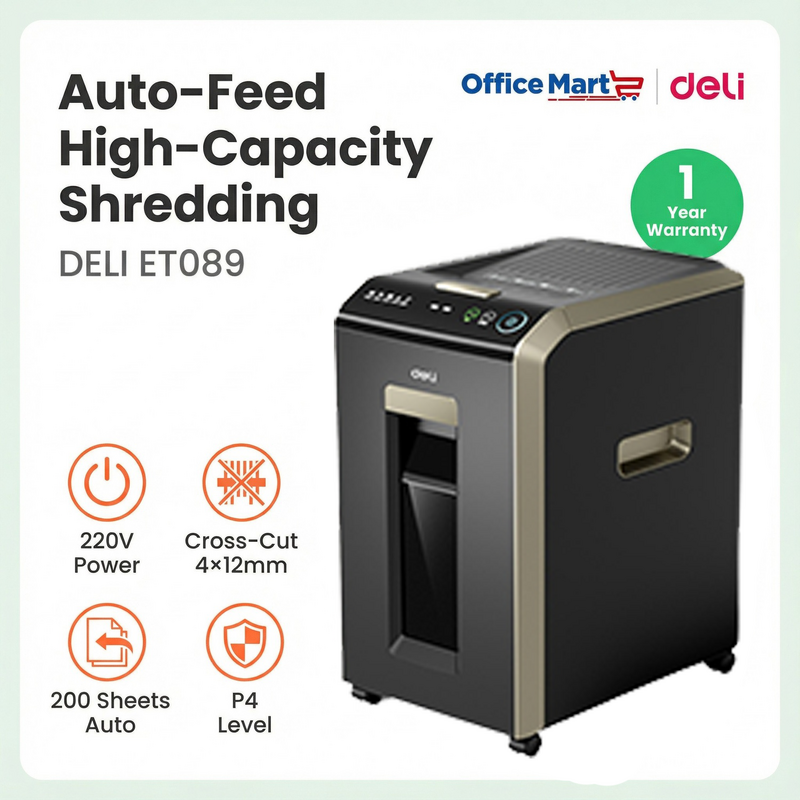 DELI ET089 auto feed high capacity paper shredder with 200 sheets auto feed and P4 security Malaysia
