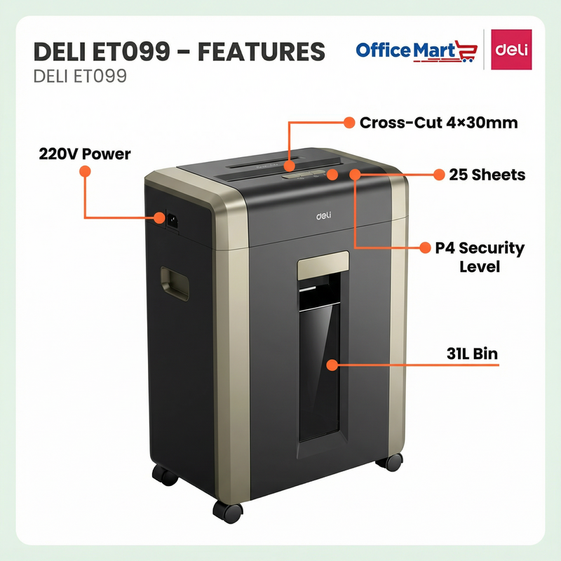 DELI ET099 Heavy Duty Paper Shredder Malaysia – 25 Sheets P4 Cross Cut Office Shredder