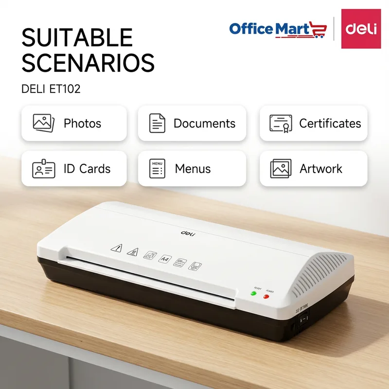 Deli ET102 A4 laminator suitable for photos, documents, certificates, ID cards, menus and artwork lamination