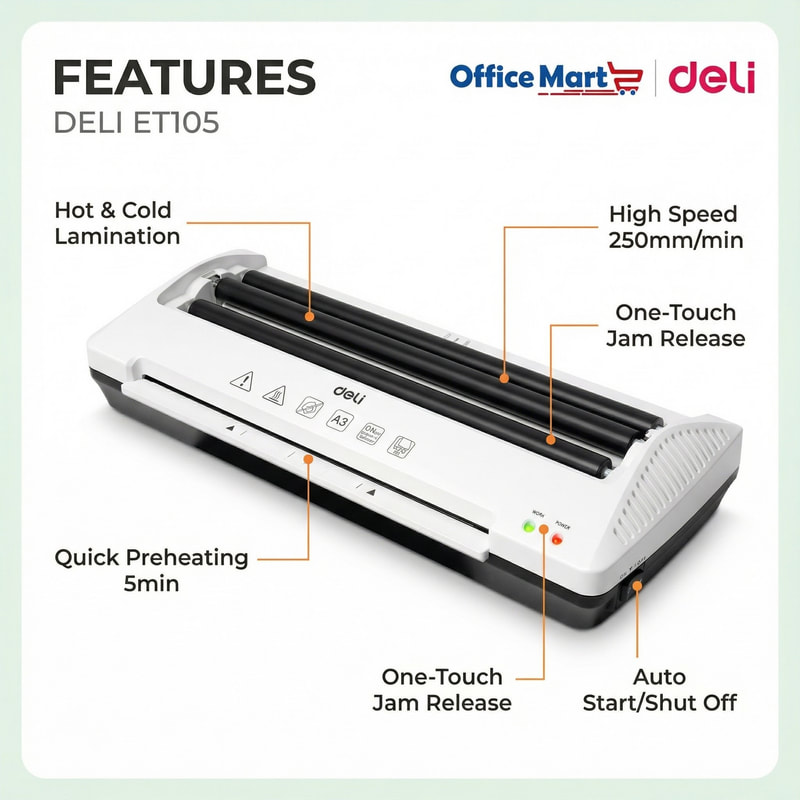 Deli ET105 laminator features hot and cold lamination, 5 minute preheating, 250mm per minute speed and one-touch jam release
