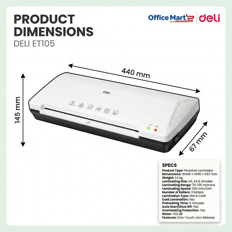 Deli ET105 A3 laminator dimensions 440 x 145 x 67 mm with 70 to 125 micron laminating range and 250mm per minute speed
