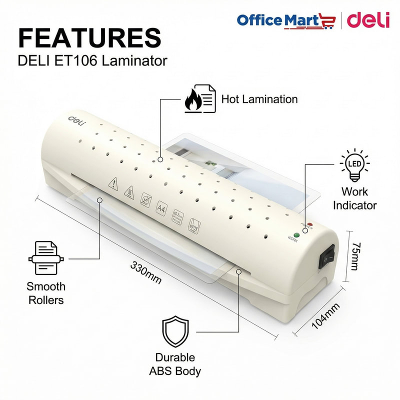 Deli ET106 laminator features hot lamination, smooth rollers, durable ABS body and LED work indicator