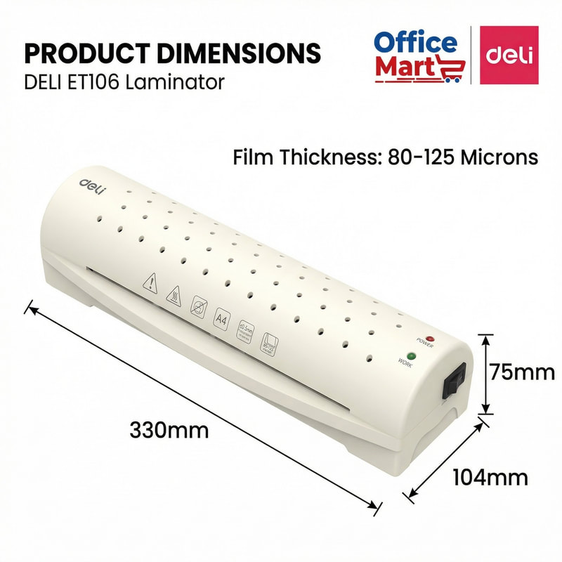 Deli ET106 laminator dimensions 330mm x 104mm x 75mm with 80 to 125 micron film thickness support
