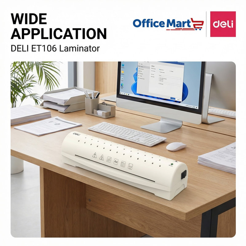Deli ET106 A4 laminator machine in an office environment for document protection, reports, certificates and everyday business use