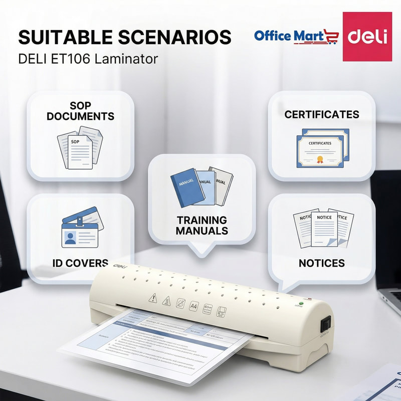 Deli ET106 A4 laminator suitable for SOP documents, certificates, ID card covers, training manuals and notices