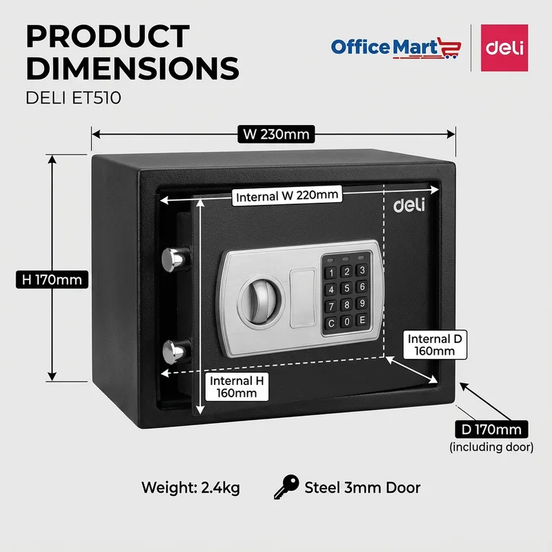 Deli ET510 safe box dimensions and size Malaysia