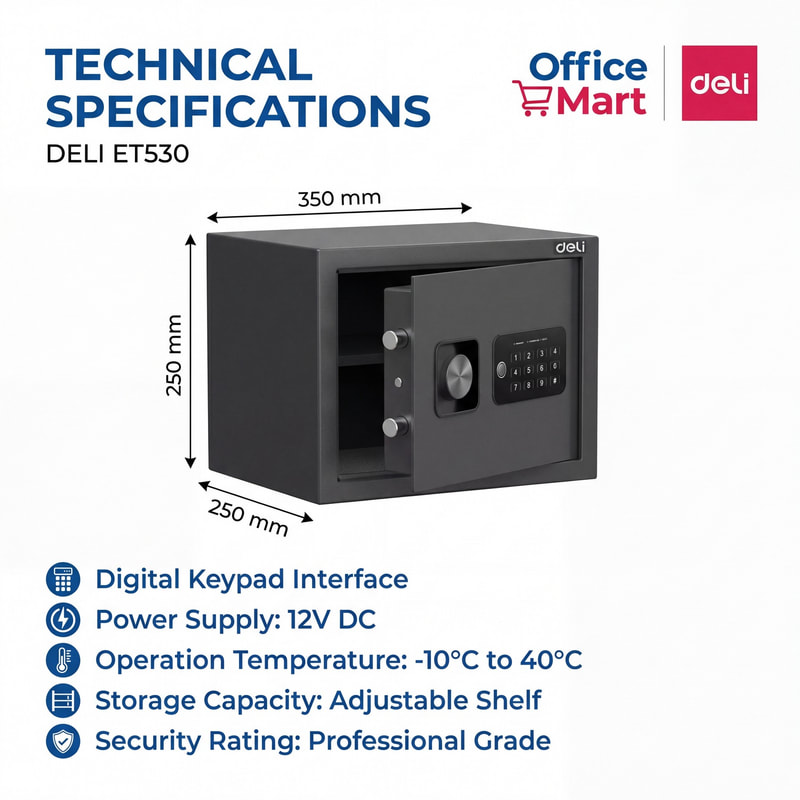 Deli ET530 digital safe technical specifications with 350mm x 250mm x 250mm compact steel safe dimensions