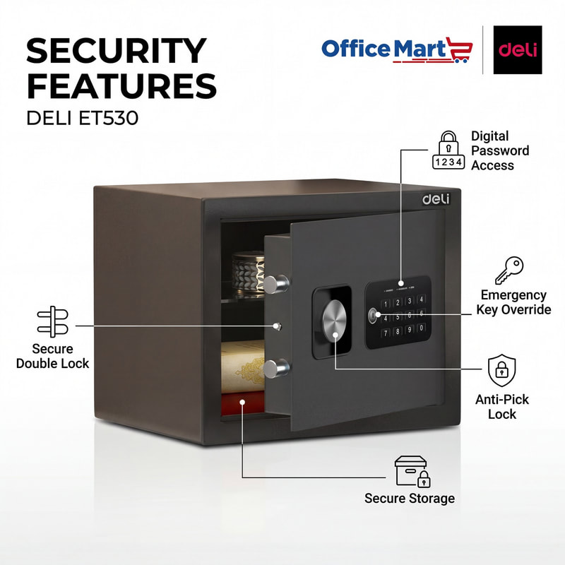 Deli ET530 compact digital safe features with solid steel body, secure double lock and smooth locking system
