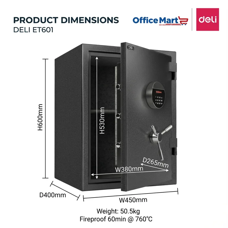 Deli ET601 fireproof digital safe box dimensions and specifications Malaysia