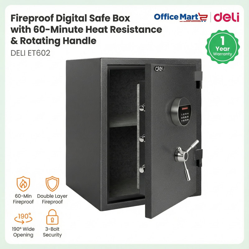 Deli ET602 fireproof digital safe box with 60 minute heat resistance and rotating handle