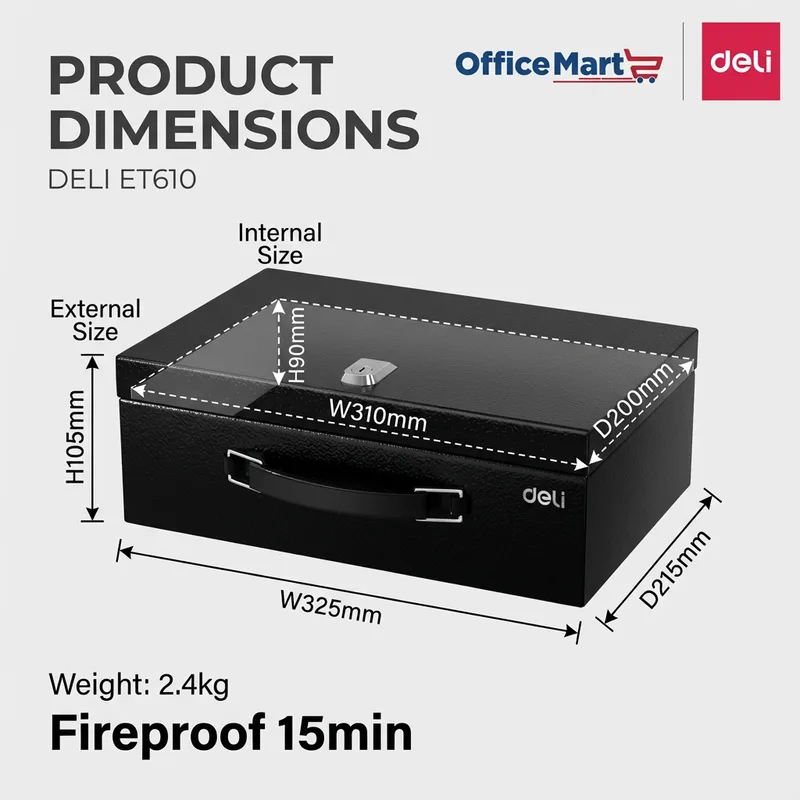 Deli ET610 portable fireproof safety box dimensions and internal storage size Malaysia