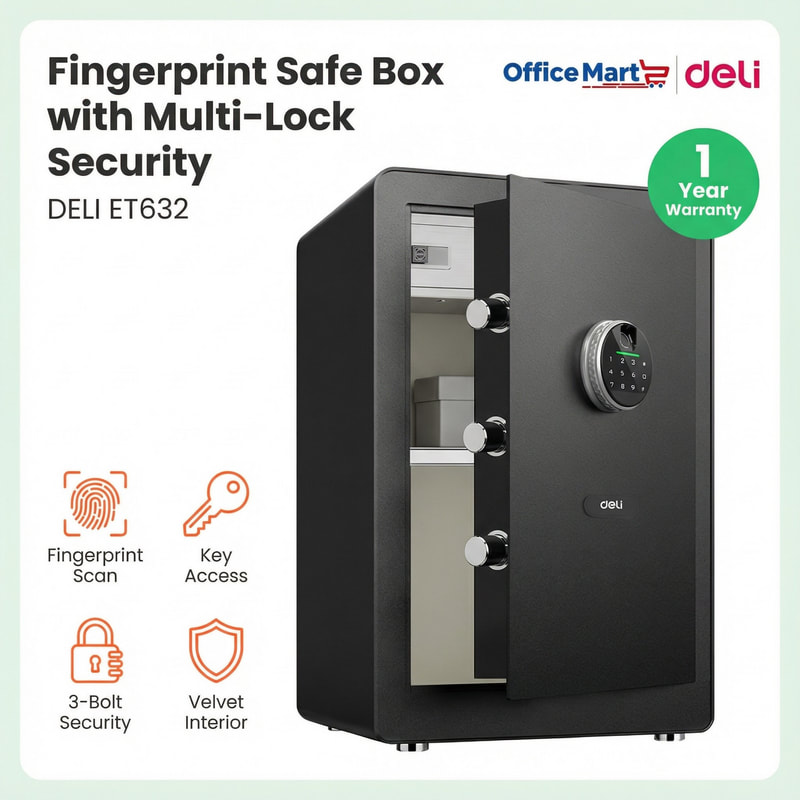 Deli ET632 fingerprint safe box with fingerprint scan key access velvet interior Malaysia