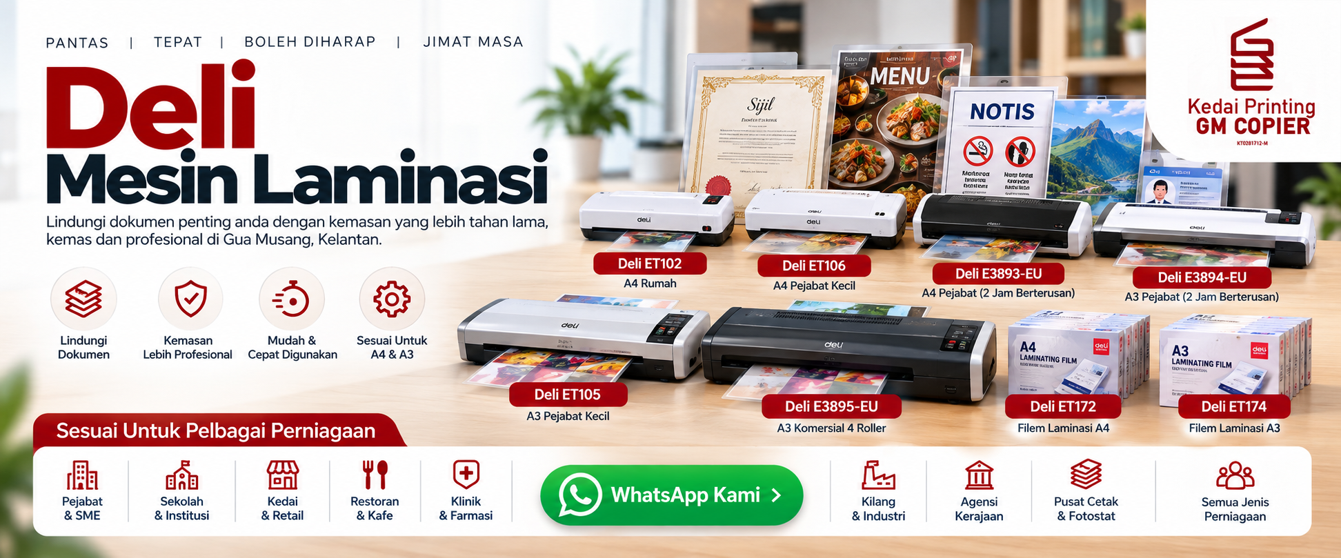 Demonstrasi mesin laminat A4 A3 Deli 4 rollers dan filem laminat di bilik pameran GM Copier Jalan Persiaran Raya Gua Musang Kelantan