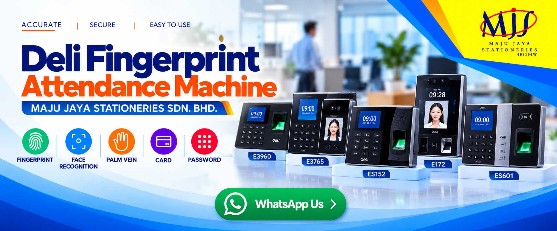 Deli standalone fingerprint, face recognition, and door access attendance machines on display at Maju Jaya Stationeries showroom in Sri Dagangan Kuantan