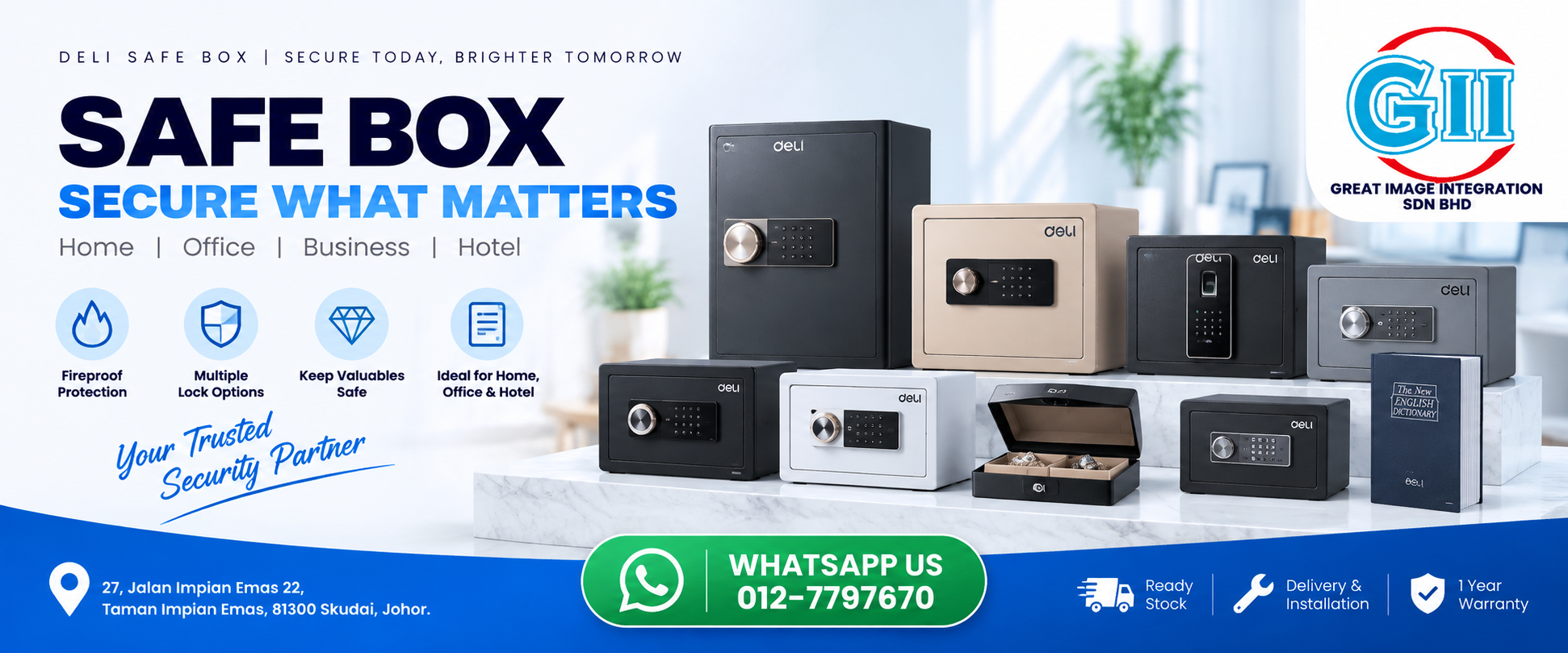 Deli fireproof and electronic commercial safe boxes on display at Great Image Integration showroom in Taman Impian Emas Skudai