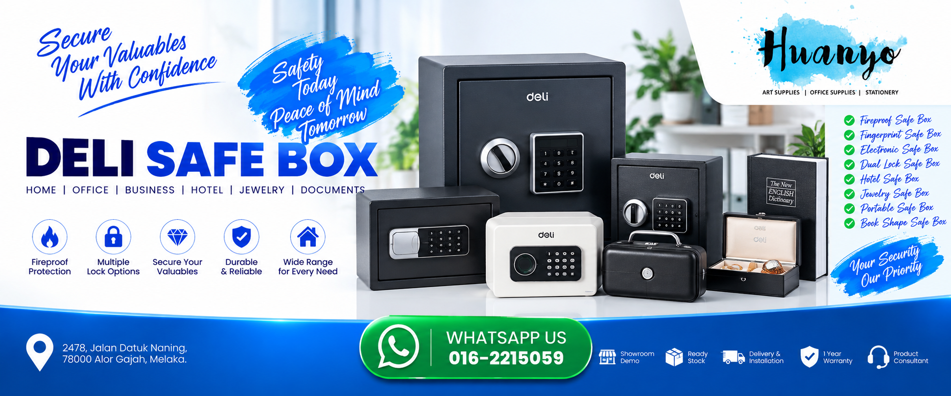 Deli heavy duty fireproof and biometric fingerprint safe boxes on display at HuanYo Marketing showroom in Alor Gajah Melaka